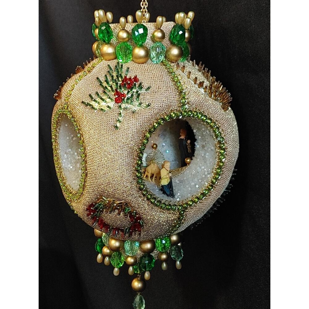 Vintage Beaded Handmade Nativity Scene 8" Ornament Hanging Art